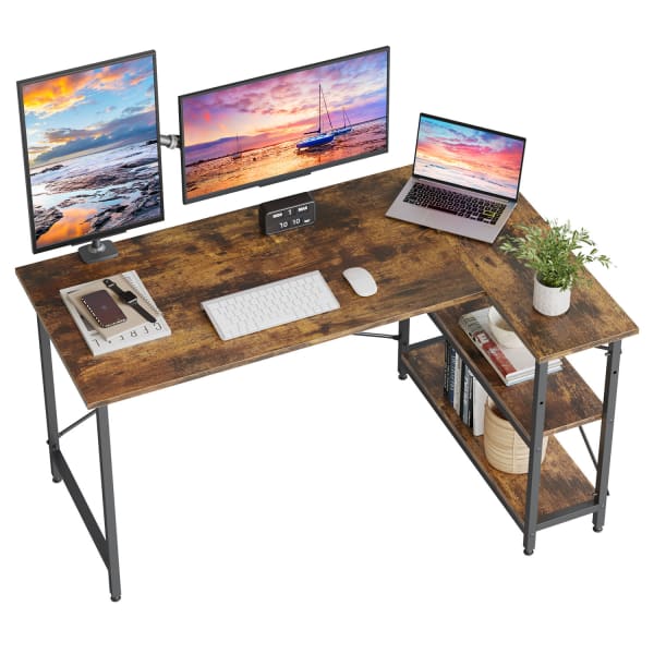 Bestier L-Shaped Corner Desk With Storage Shelf, 56inW, Rustic Brown