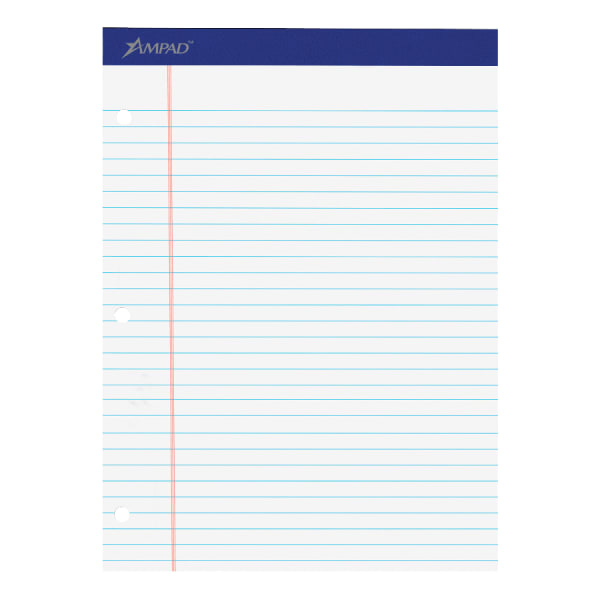 Ampad Perforated 3-Hole Punched Dual Writing Pad, Legal Wide Rule, 8 1/2in x 11 3/4in, White, 100 Sheets