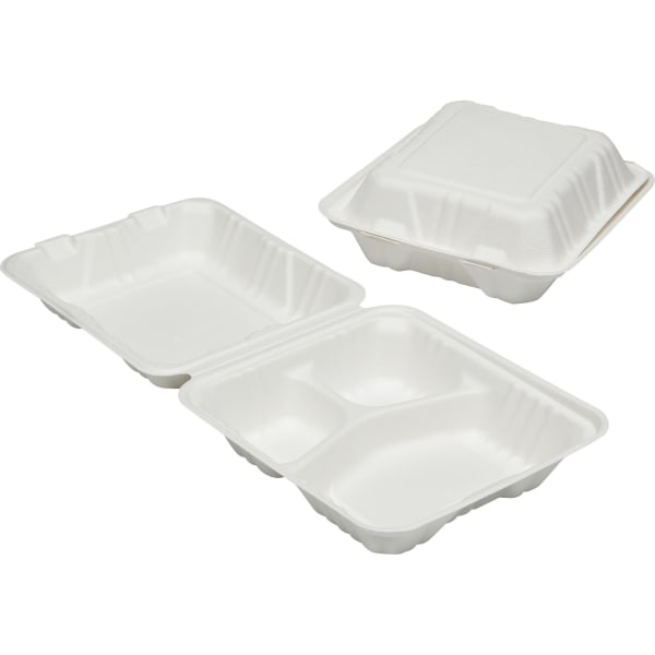 SKILCRAFT 3-Compartment Hinged Lid Tray - Microwave Safe - White - Wood Pulp Body - 200 / Carton - TAA Compliant