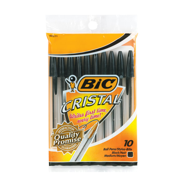 BIC Cristal Ball Pens, Medium Point, Translucent Barrel, Black Ink, Pack Of 10 Pens