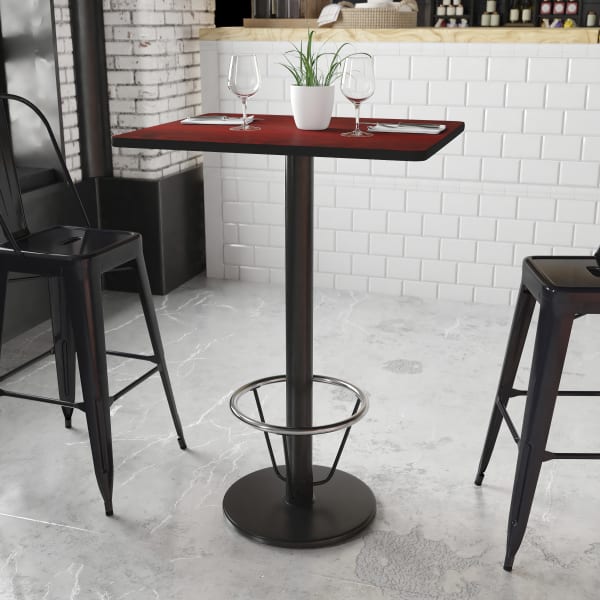 Flash Furniture Rectangular Laminate Table Top With Round Bar Height Table Base And Foot Ring, 43-3/16inH x 24inW x 30inD, Mahogany