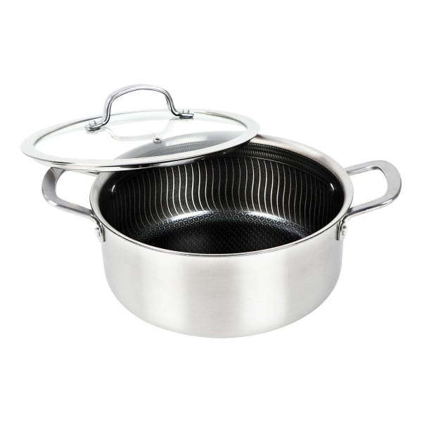 Brentwood 3-Ply Hybrid Non-Stick Stainless Steel Dutch Oven with Tempered Glass Lid, 5-Qt., Silver