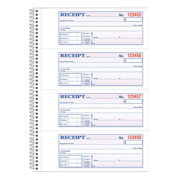 Adams Carbonless 2-Part Spiral Money/Rent Receipt Book, 7 5/8in x 11in, Book Of 200 Sets