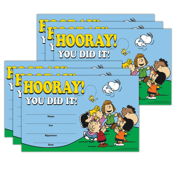 Eureka Recognition Awards, Peanuts, 8-1/2in x 5-1/2in, 36 Awards Per Pack, Set Of 6 Packs