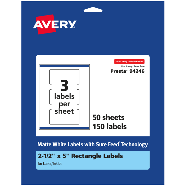 Avery Permanent Labels With Sure Feed, 94246-WMP50, Rectangle, 2-1/2in x 5in, White, Pack Of 150
