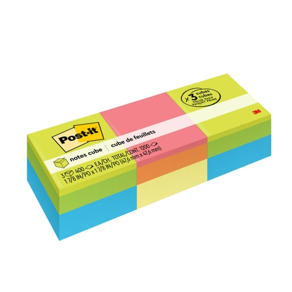 Post-it Notes, 3 Pads, 1 7/8 in x 1 7/8 in, Clean Removal, School Supplies and Office Products, Sticky Notes for Vertical Surfaces, Monitors, Walls and Windows, Assorted Bright Colors