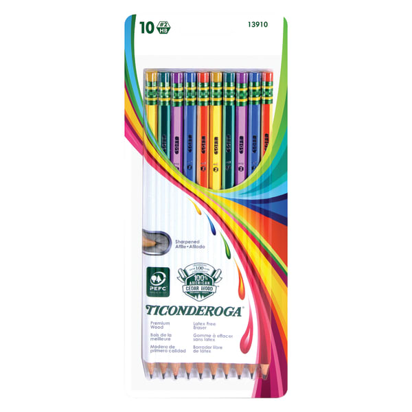 Ticonderoga Striped Wood Pencils, #2 Soft Lead, Pre-sharpened, Assorted Colors, Pack Of 10