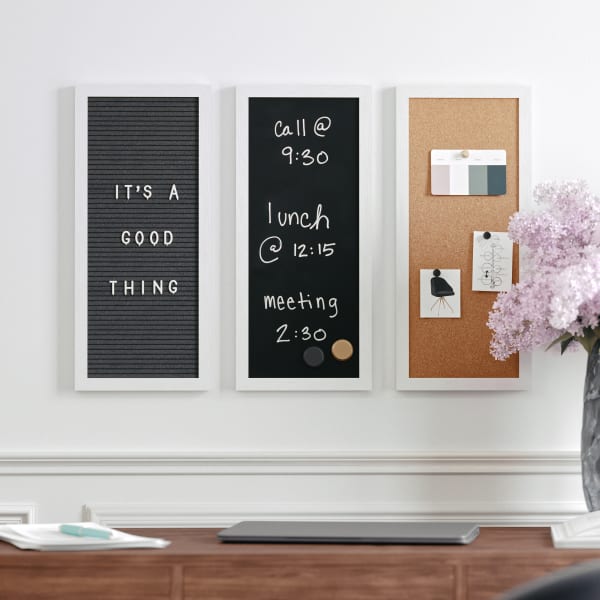 Martha Stewart Everette Cork, Chalk And Letter Board Set, 8in x 18in, Black/Brown, White Woodgrain Frame
