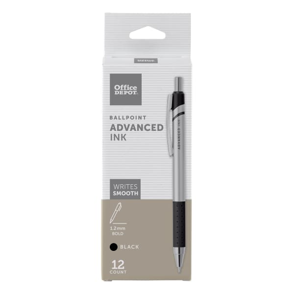 Office Depot Brand Advanced Ink Retractable Ballpoint Pens, Bold Point, 1.2 mm, Silver Barrel, Black Ink, Pack Of 12