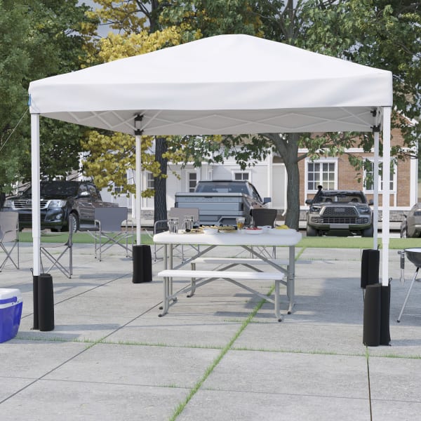 Flash Furniture 10ftx10ft Pop Up Event Canopy Tent with Wheeled Case and Folding Bench Set - Portable Tailgate, Camping, Event Set, White
