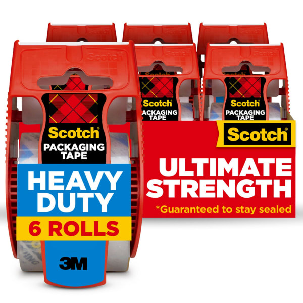 Scotch Heavy Duty Shipping Packing Tape, 6 Tape Rolls with Dispensers, 1 7/8 in x 22.2 yd, 1.5in Core, Designed for Packing, Shipping and Mailing, Guaranteed to Stay Sealed, Clear
