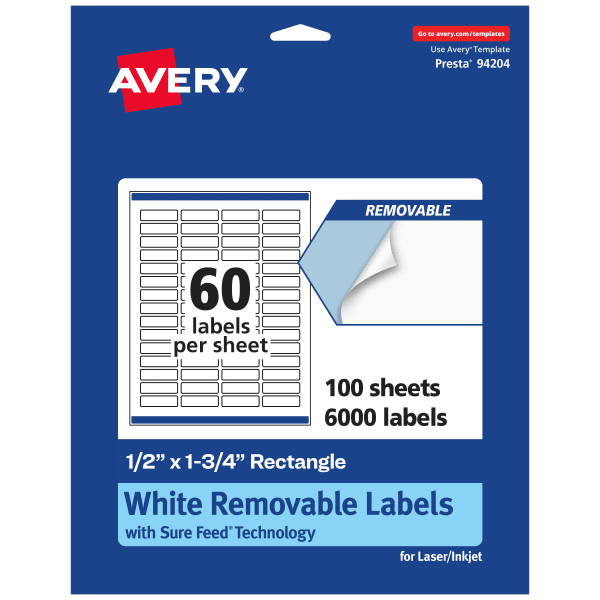 Avery Removable Labels With Sure Feed, 94204-RMP100, Rectangle, 1/2in x 1-3/4in, White, Pack Of 6,000 Labels