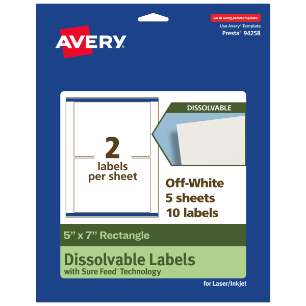 Avery Dissolvable Labels With Sure Feed Technology, 94258-DWMP5, Rectangle, 5inx7in, Matte Off-White, Pack Of 10