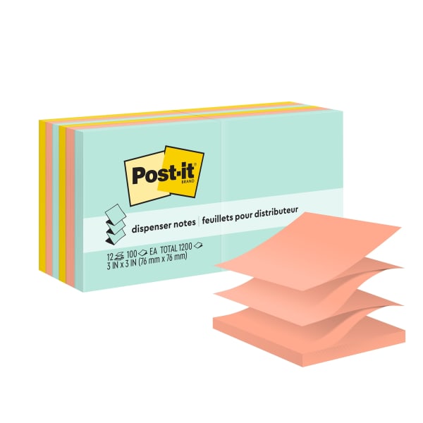 Post-it Pop Up Notes, 12 Pads, 3 in x 3 in, Clean Removal, School Supplies and Office Products, Sticky Notes for Vertical Surfaces, Monitors, Walls and Windows, Beachside Cafe Collection
