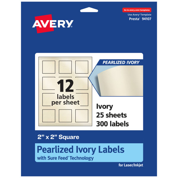 Avery Pearlized Permanent Labels With Sure Feed, 94107-PIP25, Square, 2in x 2in, Ivory, Pack Of 300 Labels