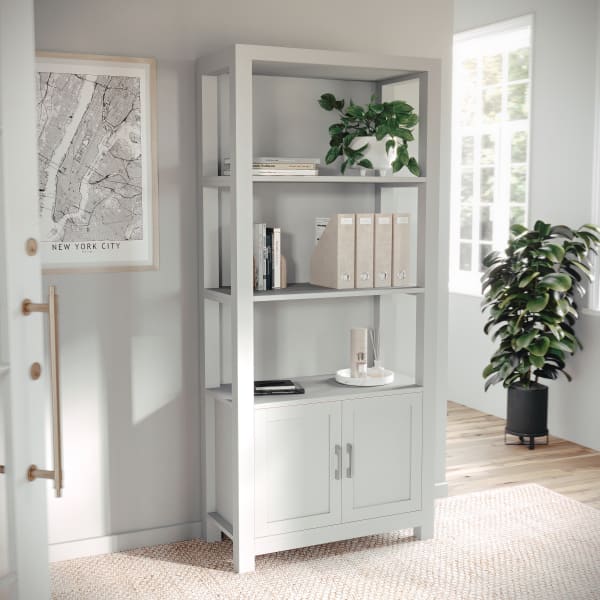 Martha Stewart Hutton 68inH 4-Shelf Shaker Bookcase With Storage Cabinet, Gray/Brushed Nickel