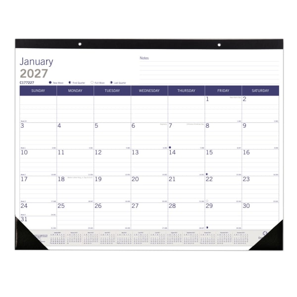 2027 Blueline DuraGlobe Monthly Desk Pad Calendar, 22in x 17in, Blue/White, January To December, C177227, Total Qty 1