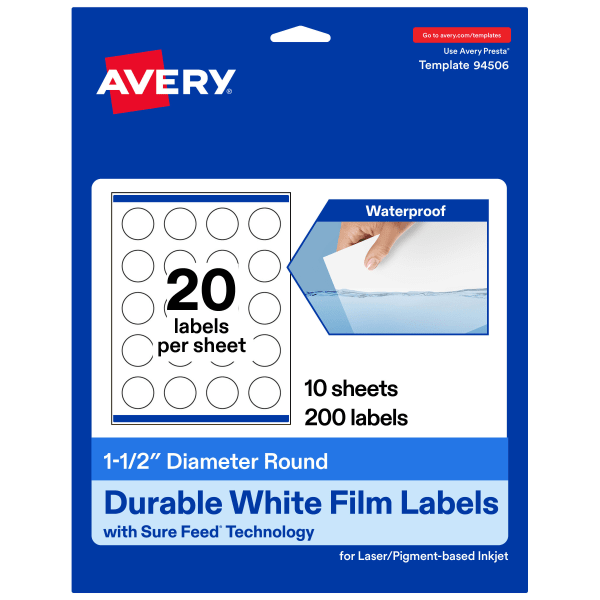 Avery Waterproof Permanent Labels With Sure Feed, 94506-WMF10, Round, 1-1/2in Diameter, White, Pack Of 200