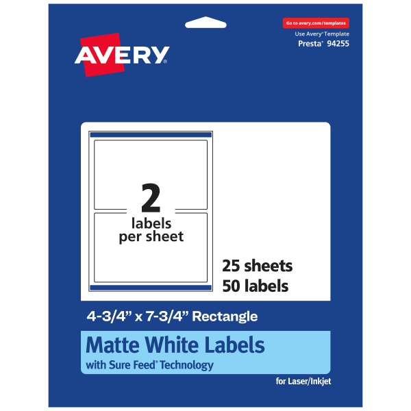 Avery Permanent Labels With Sure Feed, 94255-WMP25, Rectangle, 4-3/4in x 7-3/4in, White, Pack Of 50