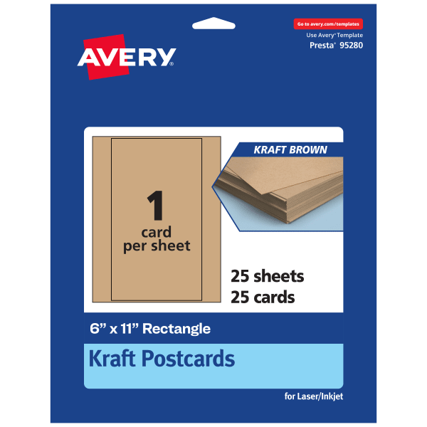 Avery Printable Postcards, 95280-KMC25, Rectangle, 6in x 11in, Kraft Brown, Pack Of 25