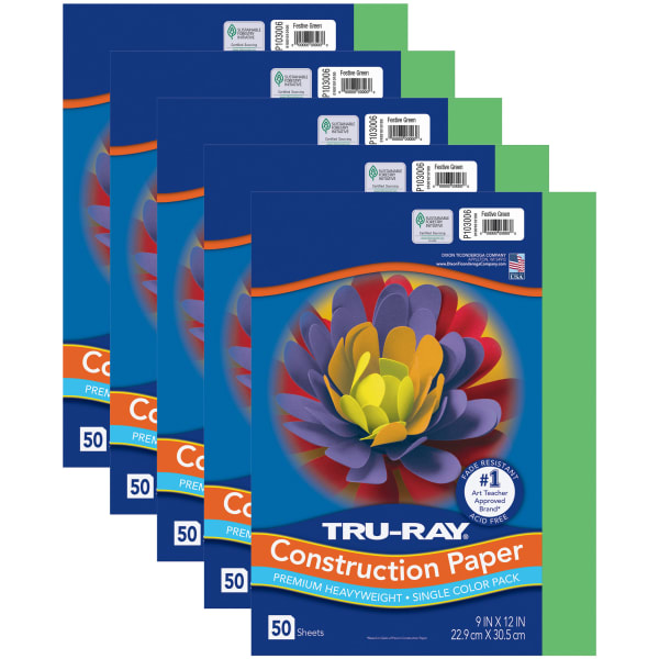 Tru-Ray Construction Paper, Heavyweight, 9in x 12in, Festive Green, 50 Sheets Per Pack, Set Of 5 Packs