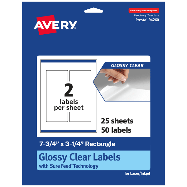 Avery Glossy Permanent Labels With Sure Feed, 94260-CGF25, Rectangle, 7-3/4in x 3-1/4in, Clear, Pack Of 50