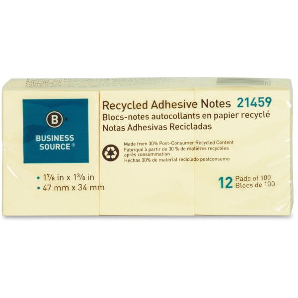 Business Source Yellow Adhesive Notes - 1 7/8in Flag/Note Width x 1 3/8in Flag/Note Length - Rectangle - Unruled - Yellow - Self-adhesive, Removable - Recycled - 12 / Pack