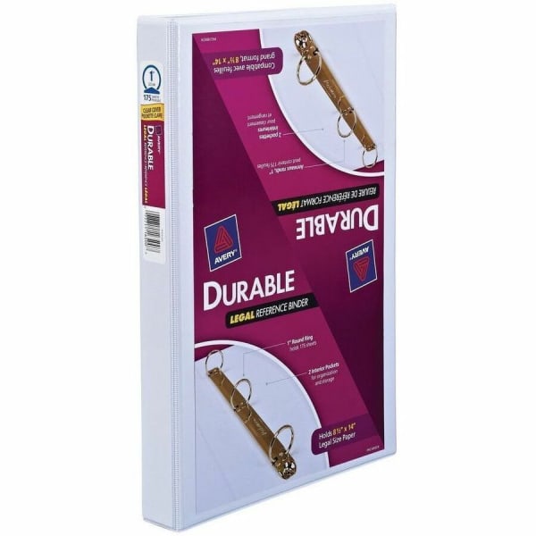 Avery Durable Legal Reference 3-Ring Binder, 1in Round Rings, White/Clear