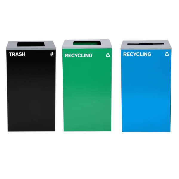 Alpine Industries Stainless-Steel Open Top Mixed Recycling And Trash Can Set With Square And Mixed Lids, 29 Gallons, 30inH x 16-15/16inW x 16-15/16inD, Black/Blue/Green, Set Of 3 Trash Cans