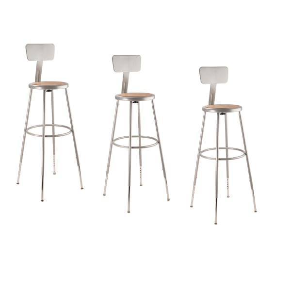 National Public Seating Adjustable Hardboard Stools With Backs, 32in-39inH, Gray, Set of 3
