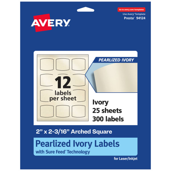 Avery Pearlized Permanent Labels With Sure Feed, 94124-PIP25, Arched Square, 2in x 2-3/16in, Ivory, Pack Of 300 Labels