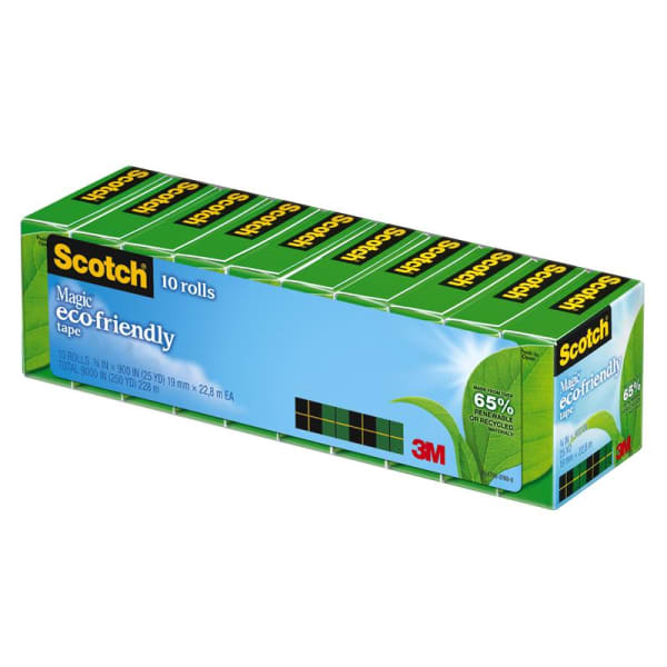 Scotch Greener Magic Tape, Invisible, 10 Tape Rolls, 3/4 in x 900 in, 65% Recycled, Home Office Supplies and School Supplies for College and Classrooms