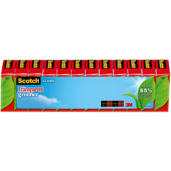 Scotch Greener Transparent Tape, 12 Tape Rolls, 3/4 in x 900 in, Home Office Supplies and School Supplies for College and Classrooms