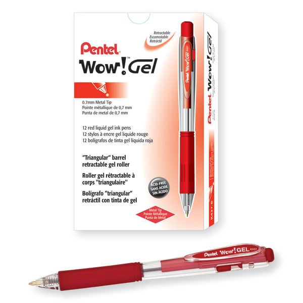 Pentel Wow! Retractable Gel Roller Pens, Medium Point, 0.7 mm, Clear Barrel, Red Ink, Pack Of 12