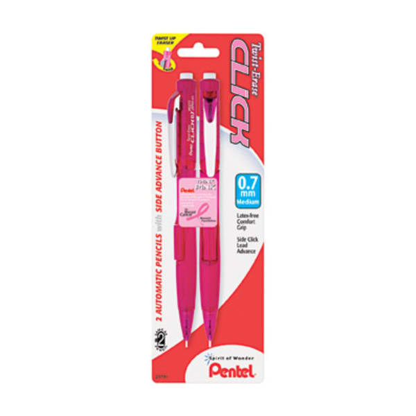 Pentel Twist-Erase Pink Click Mechanical Pencils, #2 Lead, 0.7 mm, Refillable, Pink Barrel, Pack Of 2