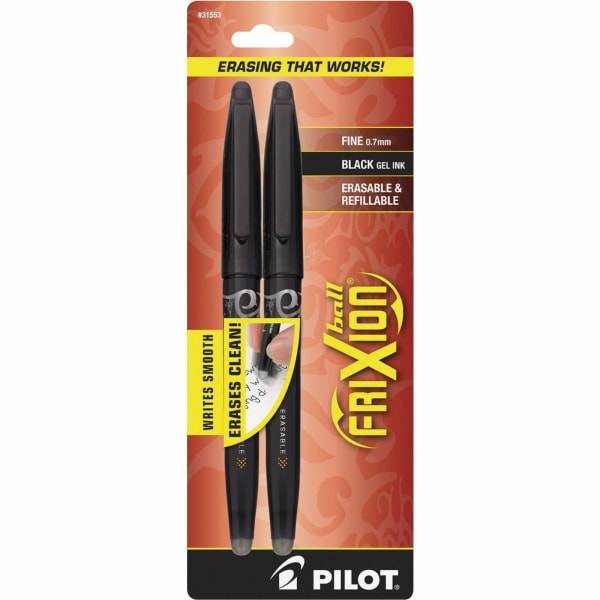 Pilot FriXion Ball Erasable Gel Pens, Pack of 2, Fine Point, 0.7 mm, Black Barrel, Black Ink