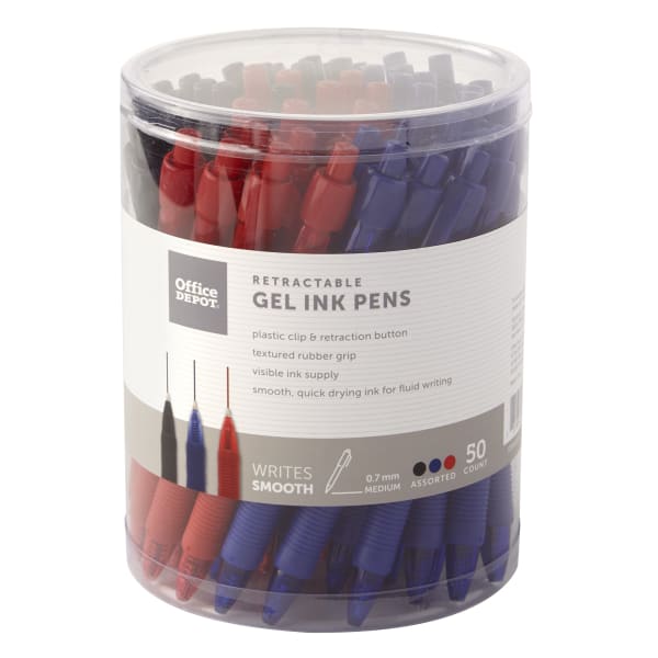Office Depot Brand Callisto Retractable Gel Ink Pens, Medium Point, 0.7 mm, Assorted Barrel Colors, Assorted Ink Colors, Pack Of 50 Pens