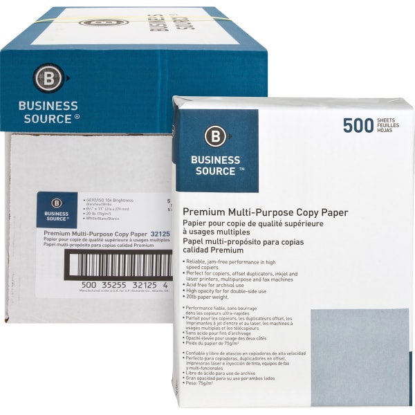 Business Source Premium Multi-Use Printer & Copy Paper, 5 Reams, White, Letter (8.5in x 11in), 2500 Sheets Per Case, 20 Lb, 92 Brightness