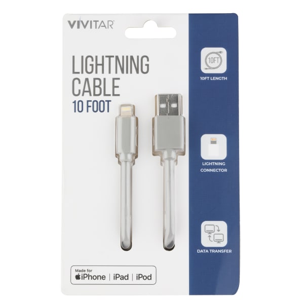 Vivitar Lightning To USB-A Cable, 10ft, Gray, NIL1010-GRY-STK-24