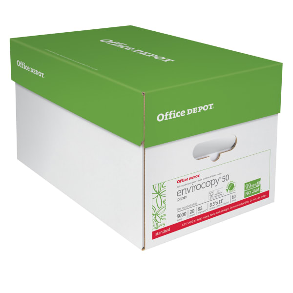Office Depot EnviroCopy Copy Paper, 10 Reams, White, Letter (8.5in x 11in), 5000 Sheets Per Case, 20 Lb, 50% Recycled, FSC Certified