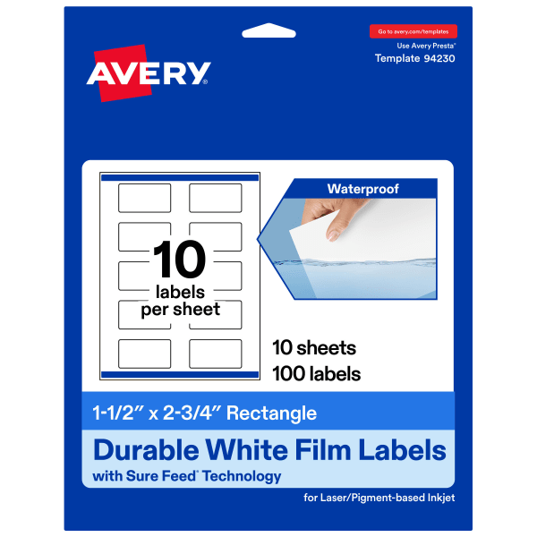Avery Waterproof Permanent Labels With Sure Feed, 94230-WMF10, Rectangle, 1-1/2in x 2-3/4in, White, Pack Of 100