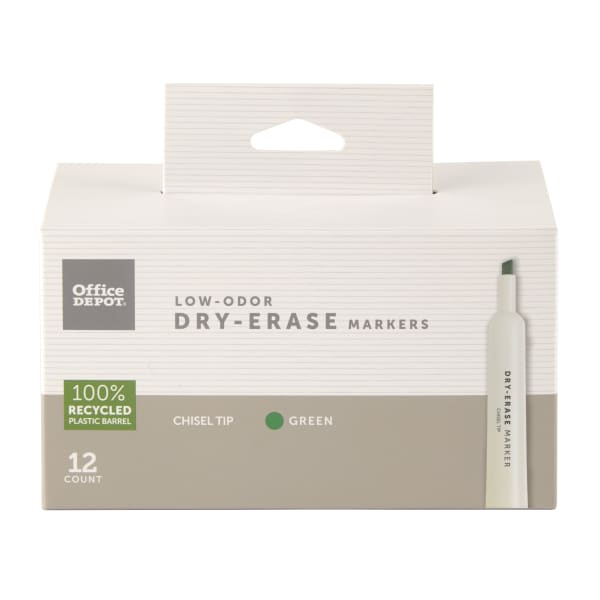 Office Depot Brand Low-Odor Dry-Erase Markers, Chisel Point, 100% Recycled Plastic Barrel, Green, Pack Of 12