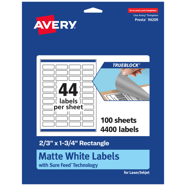 Avery Print-To-The-Edge TrueBlock Labels With Sure Feed, 94209-TWMP100, Rectangle, 2/3in x 1-3/4in, Matte White, Pack Of 4400