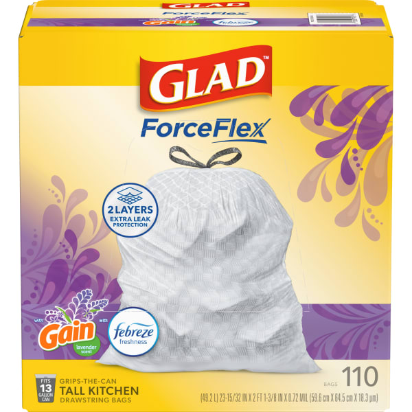 Glad ForceFlex Tall Kitchen Drawstring Trash Bags, 13 Gallon, Gain Lavender with Febreze Freshness, 110 Count