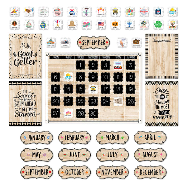 Creative Teaching Press Black, White, and Wood Calendar Set Bulletin Board Set, 87 Pieces