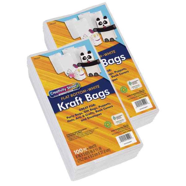 Creativity Street Kraft Bags, 6in x 3-5/8in x 11in, White, 100 Bags Per Pack, Set Of 2 Packs