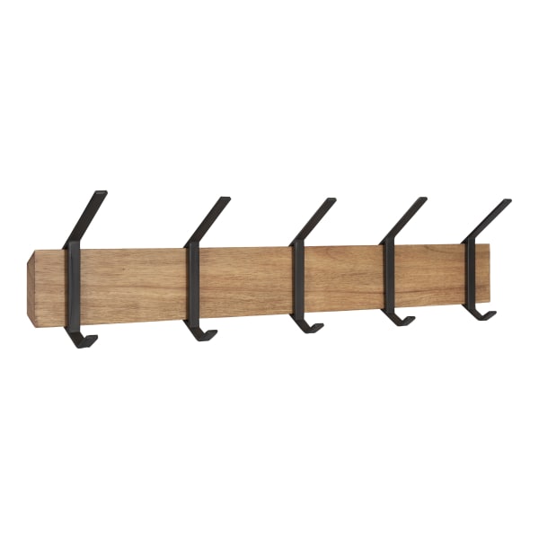 Kate and Laurel Rossmore Wood And Metal 5-Hook Shelf, 4-3/8inH x 29-15/16inW x 7-1/4inD, Rustic Brown/Black