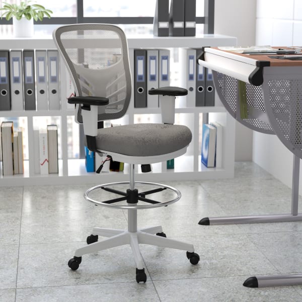 Flash Furniture Mid-Back Mesh Ergonomic Drafting Chair with Adjustable Chrome Foot Ring, Adjustable Arms, Light Gray/White