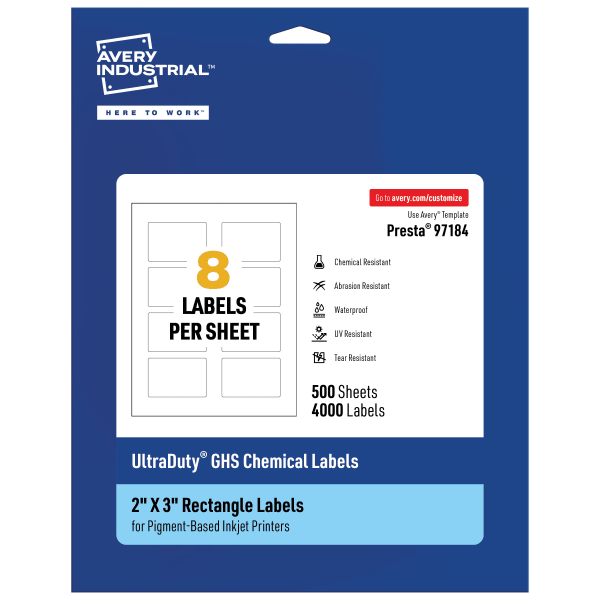 Avery Ultra Duty Permanent GHS Chemical Labels, 97184-WMUI500, Rectangle, 2in x 3in, White, Pack Of 4,000