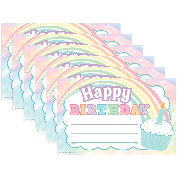 Teacher Created Resources Awards, 8-1/2in x 5-1/2in, Pastel Pop Happy Birthday, 25 Per Pack, Set Of 6 Packs